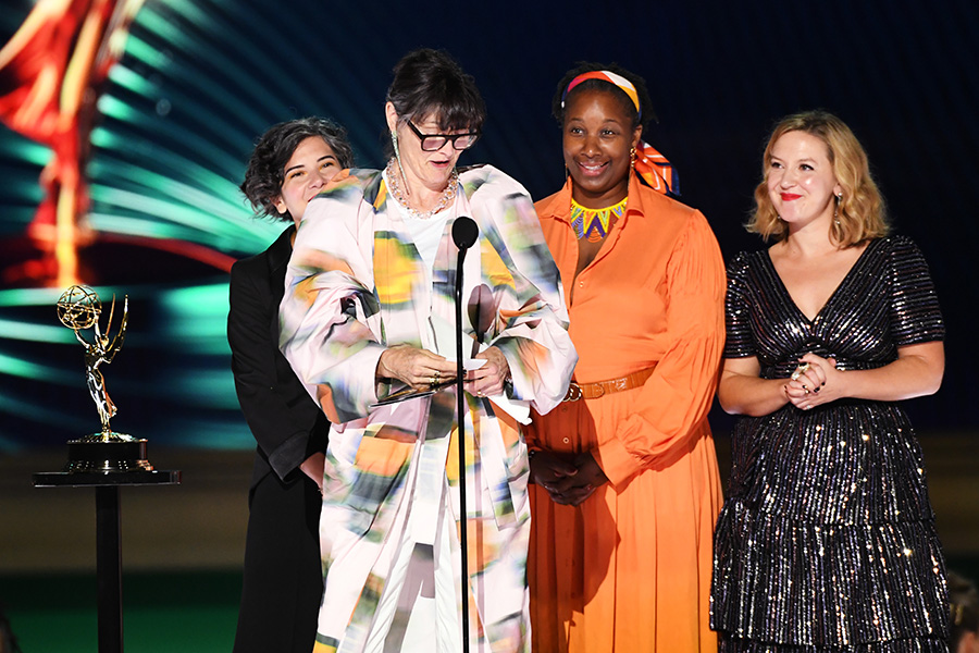 Cavaliere, Sharon Long, Viveene Campbell and Bobbie Edwards of The Great accept the award for Period at the 2022 Creative Arts Emmy Awards. | Television Academy