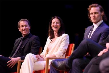 Actors Tobias Menzies, Catriona Balfe, and Sam Heughan participate in the panel at the Outlander: From Scotland to Paris event, April 5, 2016, at the NYU Skirball Center for the Performing Arts in New York City. 