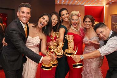 Chris Wolfe, Cher Calvin, Angel Kim, Lu Parker, Kimberly Cornell, Christie Leigh, and Phil Ige celebrate their awards at the 68th Los Angeles Area Emmys, July 23, 2016, at the Saban Media Center, North Hollywood, California.