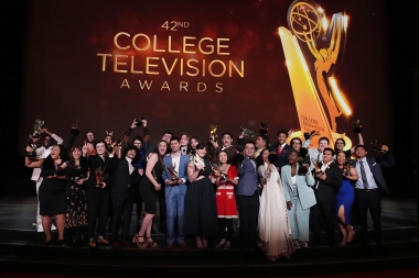 Winners pose onstage at the 42nd College Television Awards