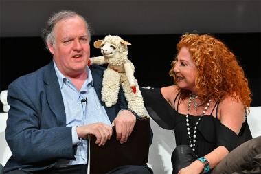 Mallory Lewis and Lambchop greet Mark Evanier at "But the Characters Live On!" in the Wolf Theatre at the Saban Media Center in North Hollywood, California, March 2, 2017. 