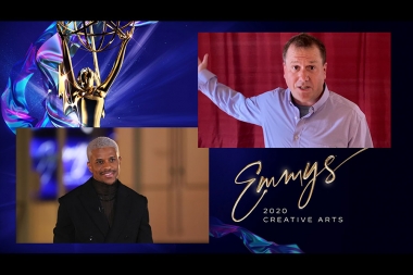 Jeremy Pope presents the award for Outstanding Lighting Design Lighting Direction for a Variety Special to Robert Barnhart for Super Bowl LIV Halftime Show Starring Jennifer Lopez And Shakira at Night Two of the Creative Arts Emmys. 
