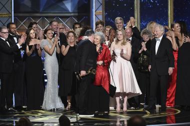Bruce Miller, Margaret Atwood, and the team for The Handmaids Tale accept their award at the 2017 Primetime Emmys.