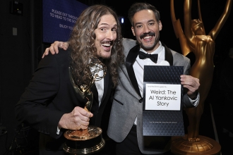 Al Yankovic and Eric Appel from the writing team of Weird: The Al Yankovic Story backstage at the 75th Creative Arts Emmy Awards