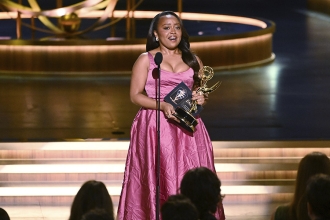 Quinta Brunson accepts the Outstanding Lead Actress in a Comedy Series award for Abbott Elementary at the 75th Emmy Awards