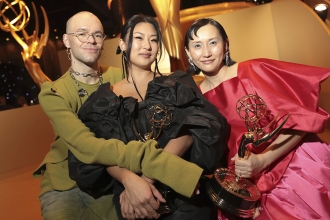 Austin Wittick, YJ Hwang, and Helen Huang, the costume team for BEEF, at the 75th Creative Arts Emmy Awards Governors Gala