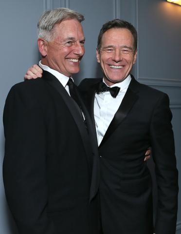 Mark Harmon and Bryan Cranston hang out in the Audi Green Room at the 65th Emmy Awards.