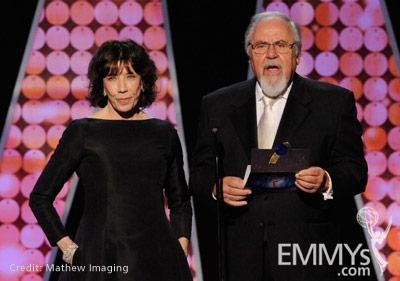 Actress Lily Tomlin and producer George Schlatter speak onstage during the 62nd Primetime Creative Arts Emmy Awards
