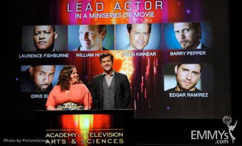 Melissa McCarthy and Joshua Jackson at the 63rd Primetime Emmy Awards Nominations Ceremony