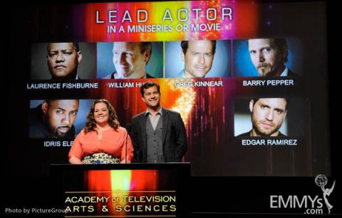 Melissa McCarthy and Joshua Jackson at the 63rd Primetime Emmy Awards Nominations Ceremony