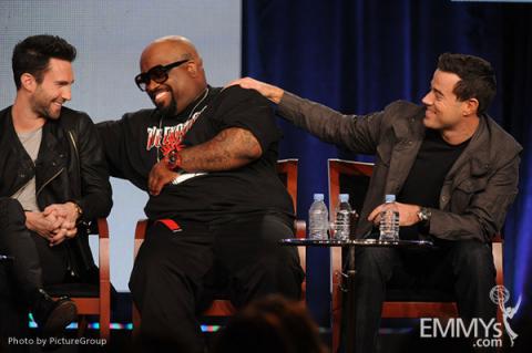 Adam Levine, Cee Lo Green and host/producer Carson Daly onstage during The Voice panel at the 2012 Winter TCA Tour