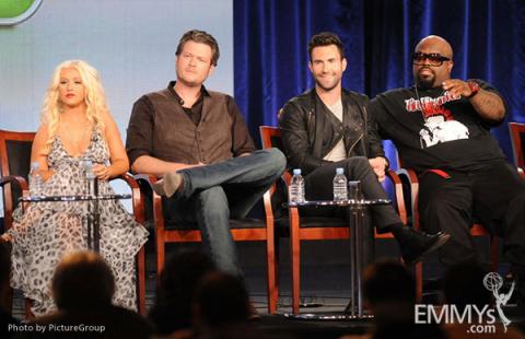 Christina Aguilera, Blake Shelton, Adam Levine and Cee Lo Green onstage during The Voice panel at the 2012 Winter TCA Tour