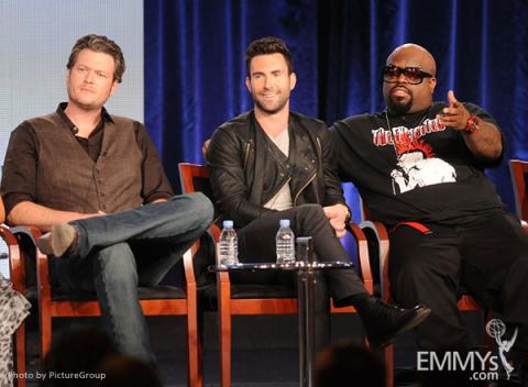 Blake Shelton, Adam Levine and Cee Lo Green onstage during The Voice panel at the 2012 Winter TCA Tour