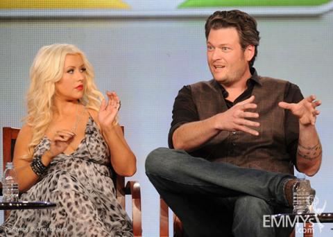 Christina Aguilera and Blake Shelton onstage during The Voice panel at the 2012 Winter TCA Tour