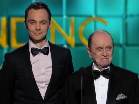 Bob Newhart and Jim Parsons onstage presenting at the 65th Primetime Emmy Awards