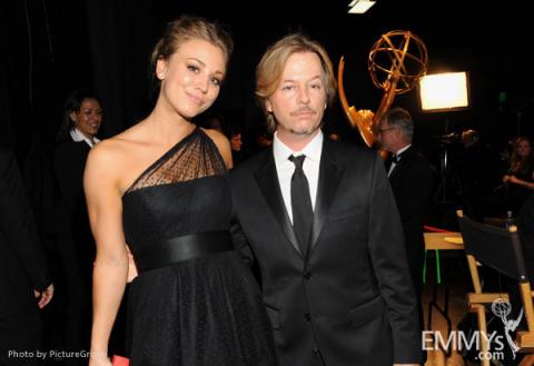 Kaley Cuoco (L) and David Spade (R) backstage during the Academy of Television Arts & Sciences 63rd Primetime Emmy Awards