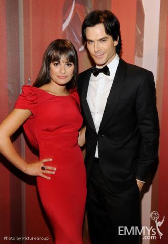 Lea Michele (L) and Ian Somerhalder backstage during the Academy of Television Arts & Sciences 63rd Primetime Emmy Awards