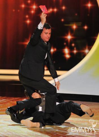 Jimmy Kimmel, Jimmy Fallon presenting onstage at the Academy of Television Arts & Sciences 63rd Primetime Emmy Awards