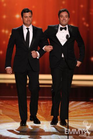 (L-R) Jimmy Kimmel, Jimmy Fallon presenting onstage at the Academy of Television Arts & Sciences 63rd Primetime Emmy Awards