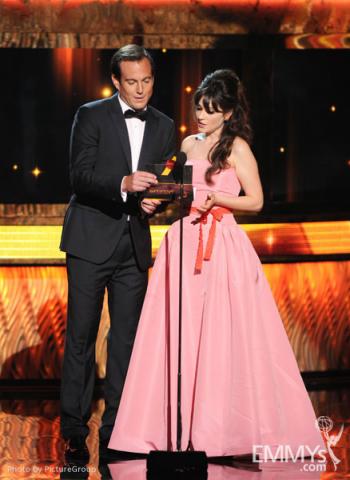 Will Arnett and Zooey Deschanel onstage at the Academy of Television Arts & Sciences 63rd Primetime Emmy Awards at Nokia Theatre
