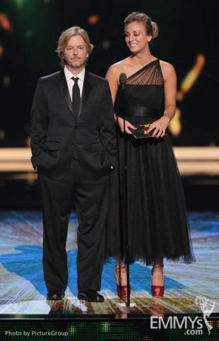 (L-R) David Spade, Kaley Cuoco presenting onstage at the Academy of Television Arts & Sciences 63rd Primetime Emmy Awards