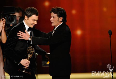Jim Parsons and Charlie Sheen at the 63rd Primetime Emmys
