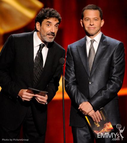 Chuck Lorre and Jon Cryer presenting onstage at the Academy of Television Arts and Sciences 2011 Primetime Creative Arts Emmys