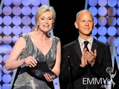 Actress Jane Lynch (L) and writer/creator Ryan Murphy speak onstage during the 62nd Primetime Creative Arts Emmy Awards at Nokia