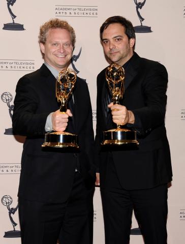 David Javerbaum and Adam Schlesinger backstage at the 65th Creative Arts Emmys