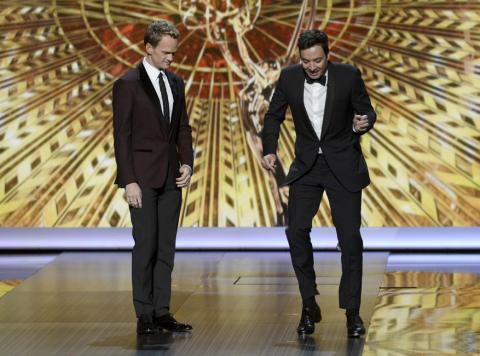Neil Patrick Harris and Jimmy Fallon on stage at the 65th Emmys
