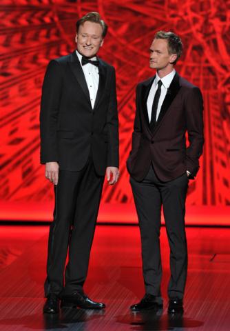Conan O'Brien and Neil Patrick Harris on stage at the 65th Emmys