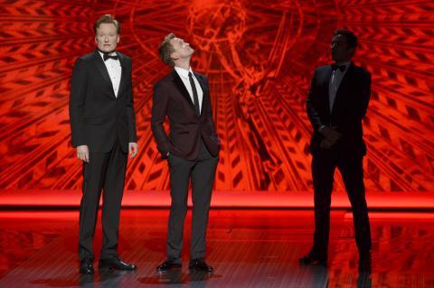 Conan O'Brien, Neil Patrick Harris, and Jimmy Fallon on stage at the 65th Emmys
