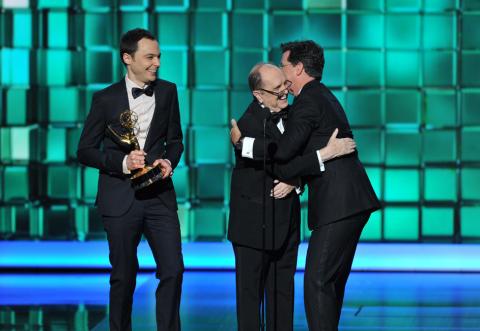 Jim Parsons and Bob Newhart present the award for Outstanding Writing for a Variety Series to Steven Colbert