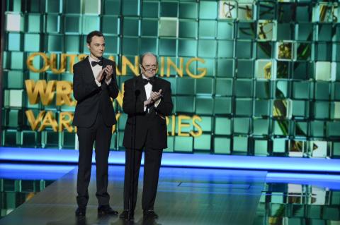 Jim Parsons and Bob Newhart on stage at the 65th Emmys