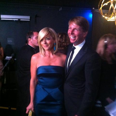 Jane Krakowski and Jack McBrayer backstage at the 65th Emmys