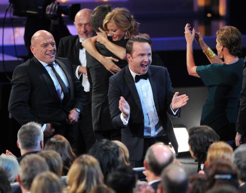 The cast of Breaking Bad celebrates their win for Outstanding Drama Series