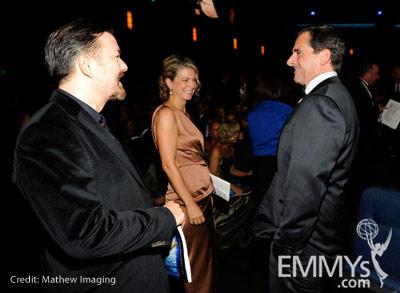Actor Ricky Gervais, producer Jane Fallon and actor Steve Carell attend the 62nd Annual Primetime Emmy Awards held at Nokia Thea