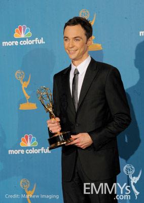 Jim Parsons poses in the press room at the 62nd Annual Primetime Emmy Awards held at the Nokia Theatre