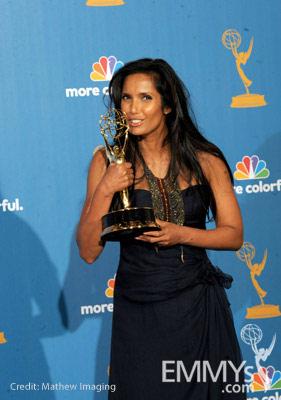 Padma Lakshmi poses in the press room at the 62nd Annual Primetime Emmy Awards held at the JW Marriott Los Angeles 