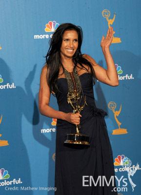 Padma Lakshmi poses in the press room at the 62nd Annual Primetime Emmy Awards held at the Nokia