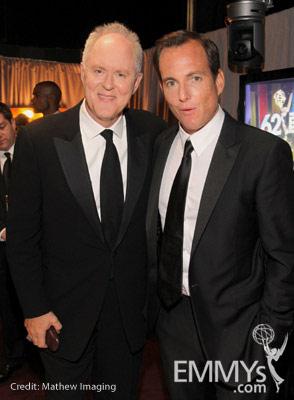 John Lithgow and Will Arnett in the Green Room during the 62nd Annual Primetime Emmy Awards held at Nokia Theatre
