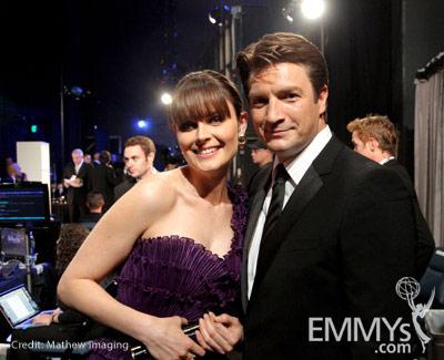 Emily Deschanel and Nathan Fillion in the Green Room during the 62nd Annual Primetime Emmy Awards held at Nokia Theatre 