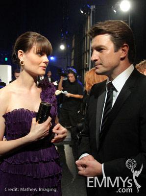 Emily Deschanel and Nathan Fillion in the Green Room during the 62nd Annual Primetime Emmy Awards held at Nokia Theatre