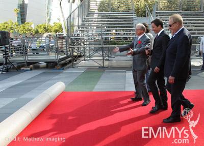 John Shaffner (L), Jimmy Fallon & producer Don Mischer at the red carpet rollout for the 62nd Primetime Emmy Awards