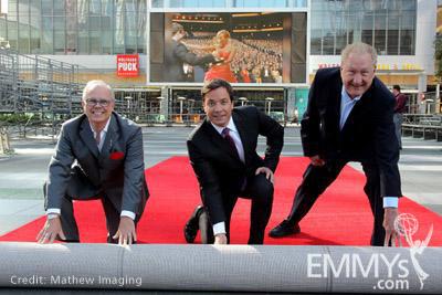 John Shaffner (L), Jimmy Fallon & producer Don Mischer at the red carpet rollout for the 62nd Primetime Emmy Awards