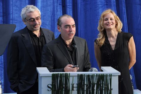 Producers Jedd Wider and Todd Wider, along with executive producer Lori Singer, accept the Television Academy Honors award for Mea Maxima Culpa: Silence in the House of God at the seventh annual Honors ceremony in Beverly Hills, California. 