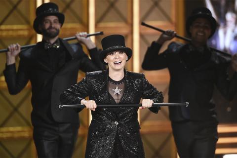 Rachel Bloom on stage at the 2017 Primetime Emmys.