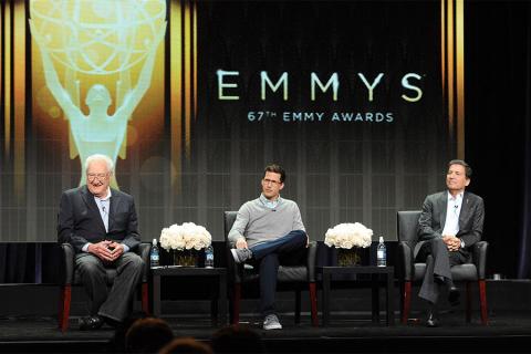 67th Primetime Emmy Awards executive producer Don Mischer, Emmy Awards show host Andy Samberg, and Television Academy chairman and CEO Bruce Rosenblum