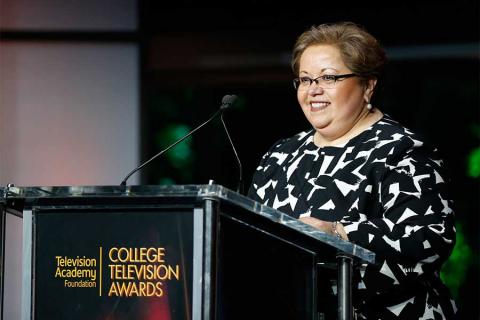 Norma Provencio Pichardo, executive director of the Television Academy Foundation, speaks at the 37th College Television Awards at the Skirball Cultural Center on Wednesday, May 25, 2016, in Los Angeles.