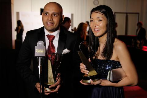 Award winners Prasad Narse, left, and Munkhtsetseg Nandigjav at the Thank You Cam at the 35th College Television Awards